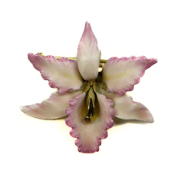 Antique pink enamel and gold orchid brooch | MasterArt